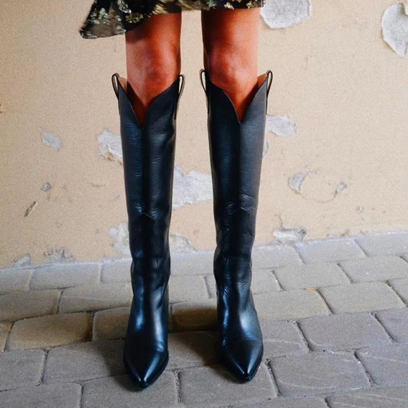 Calista - Damskie kowbojki za kolano – klasyczne czarne kozaki w stylu western