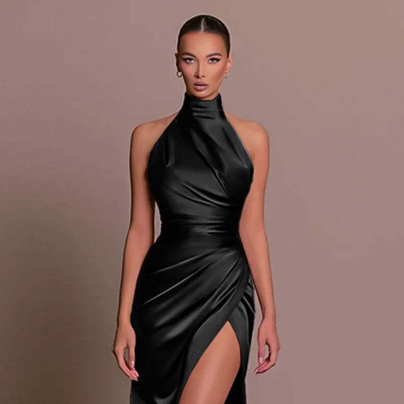 Isolde - Elegancka satynowa suknia wieczorowa z wysokim rozcięciem