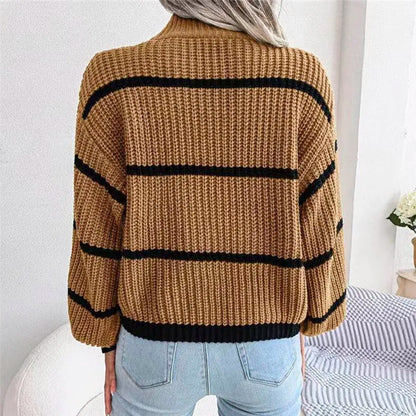 Velistra - Damski stylowy sweter w paski z wysokim kołnierzem