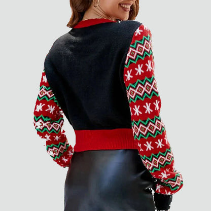 Agnieszka - Krótki śmieszny sweter świąteczny damski z Mikołajem