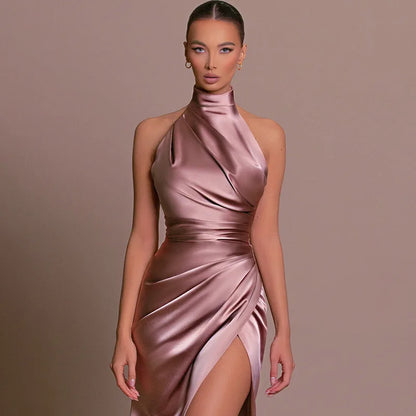 Isolde - Elegancka satynowa suknia wieczorowa z wysokim rozcięciem