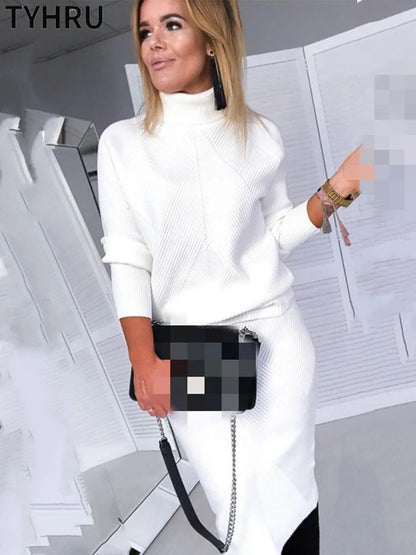 Hanna | Stylowy damski komplet dzianinowy ze spódnicą i golfem