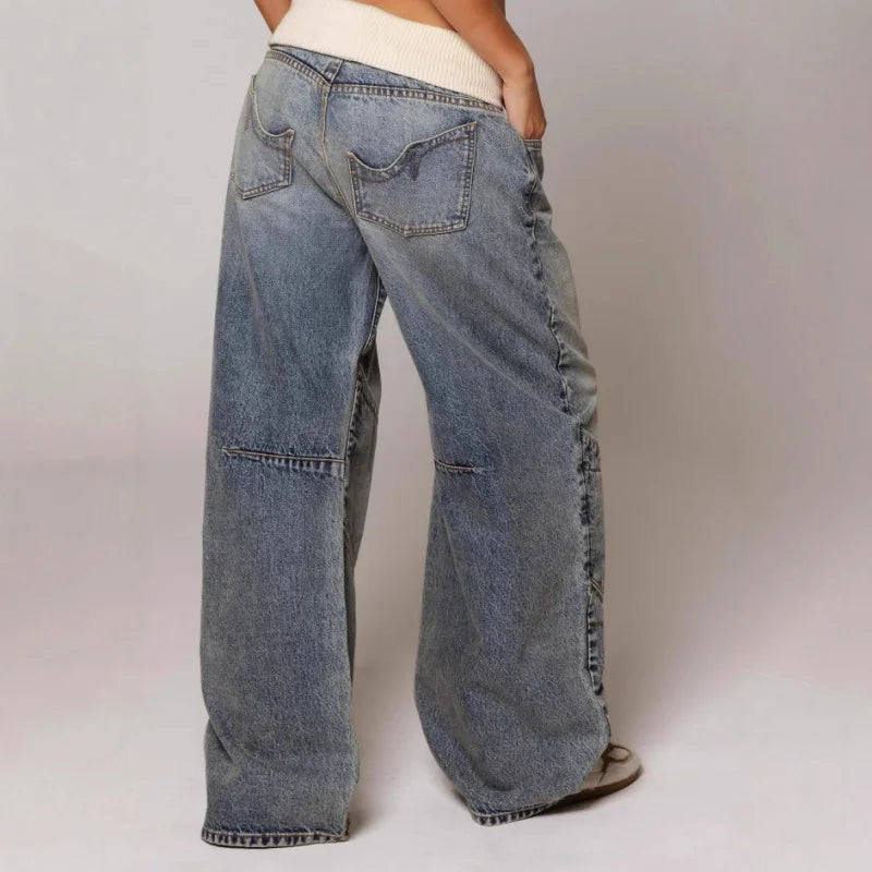 Mabel | Jeansy damskie baggy z szeroką nogawką w stylu Y2K, z prążkowanym pasem