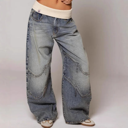 Mabel | Jeansy damskie baggy z szeroką nogawką w stylu Y2K, z prążkowanym pasem