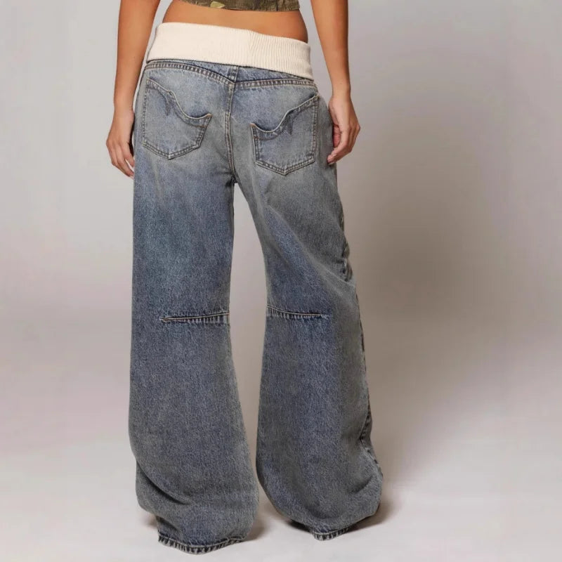 Mabel | Jeansy damskie baggy z szeroką nogawką w stylu Y2K, z prążkowanym pasem