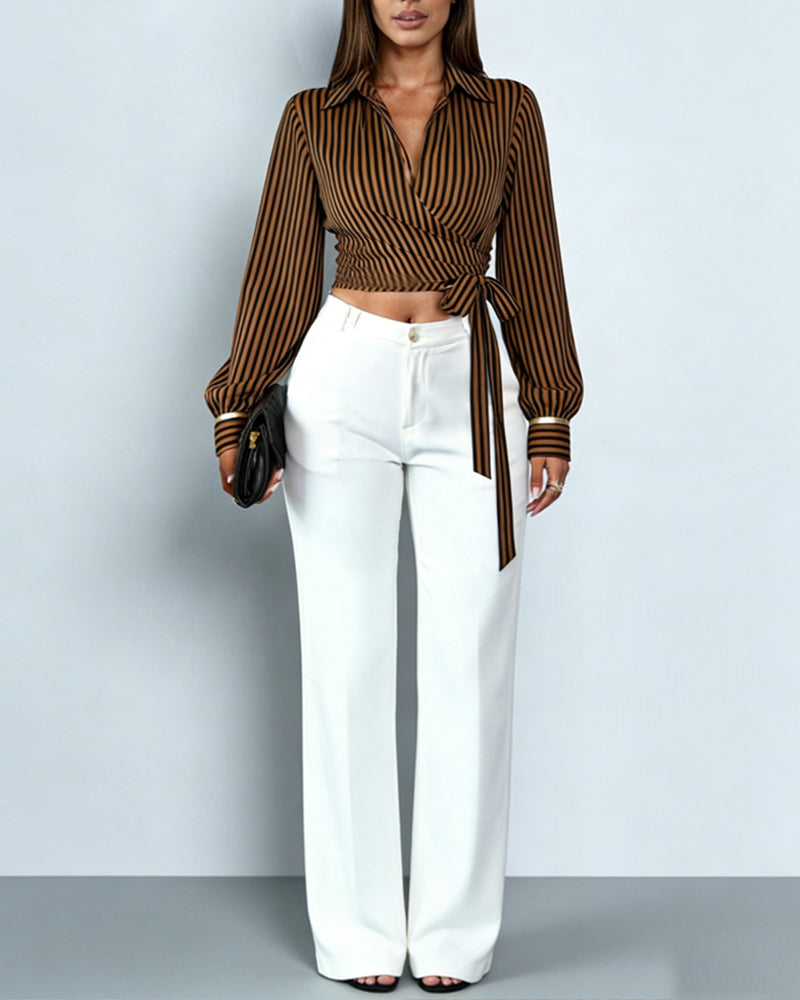 Olivette | Stylowy damski kopertowy crop top w paski z długim rękawem, modny i kobiecy fason