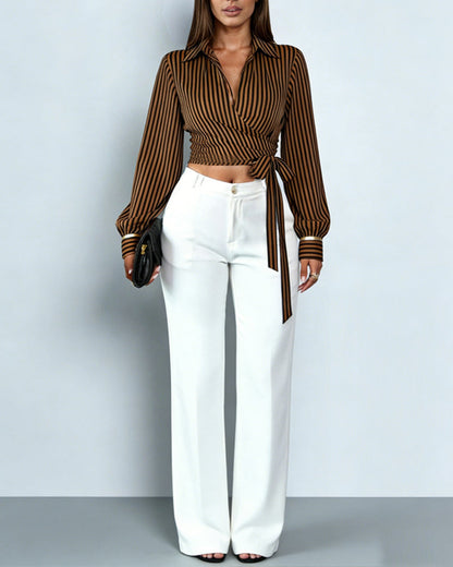 Olivette | Stylowy damski kopertowy crop top w paski z długim rękawem, modny i kobiecy fason