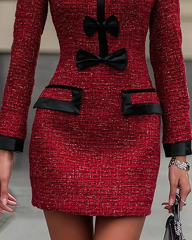 Hannah | Elegancka damska mini sukienka z tweedu z kontrastową kokardą