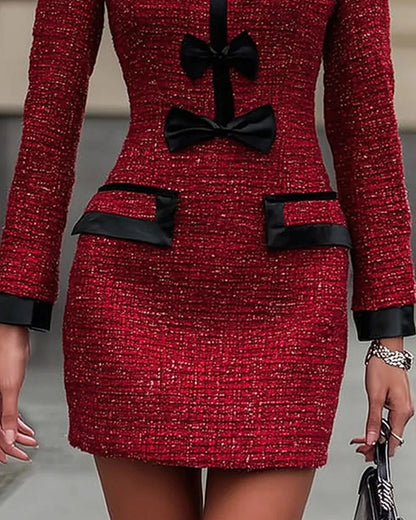 Hannah | Elegancka damska mini sukienka z tweedu z kontrastową kokardą