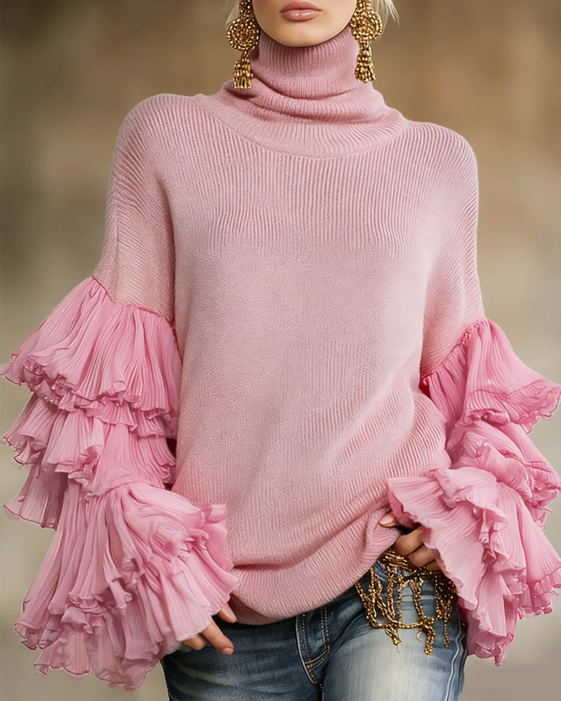 Danielle | Elegancki damski sweter dzianinowy z półgolfem i falbanianymi rękawami