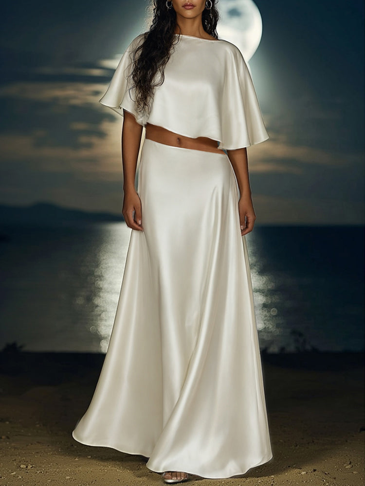 Quendrida | Elegancki damski komplet z satyny: crop top z ukośnym cięciem i spódnica maxi