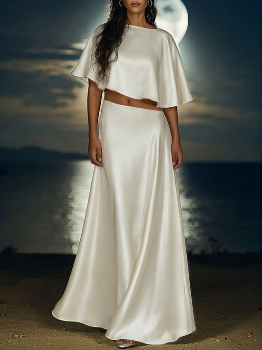 Quendrida | Elegancki damski komplet z satyny: crop top z ukośnym cięciem i spódnica maxi
