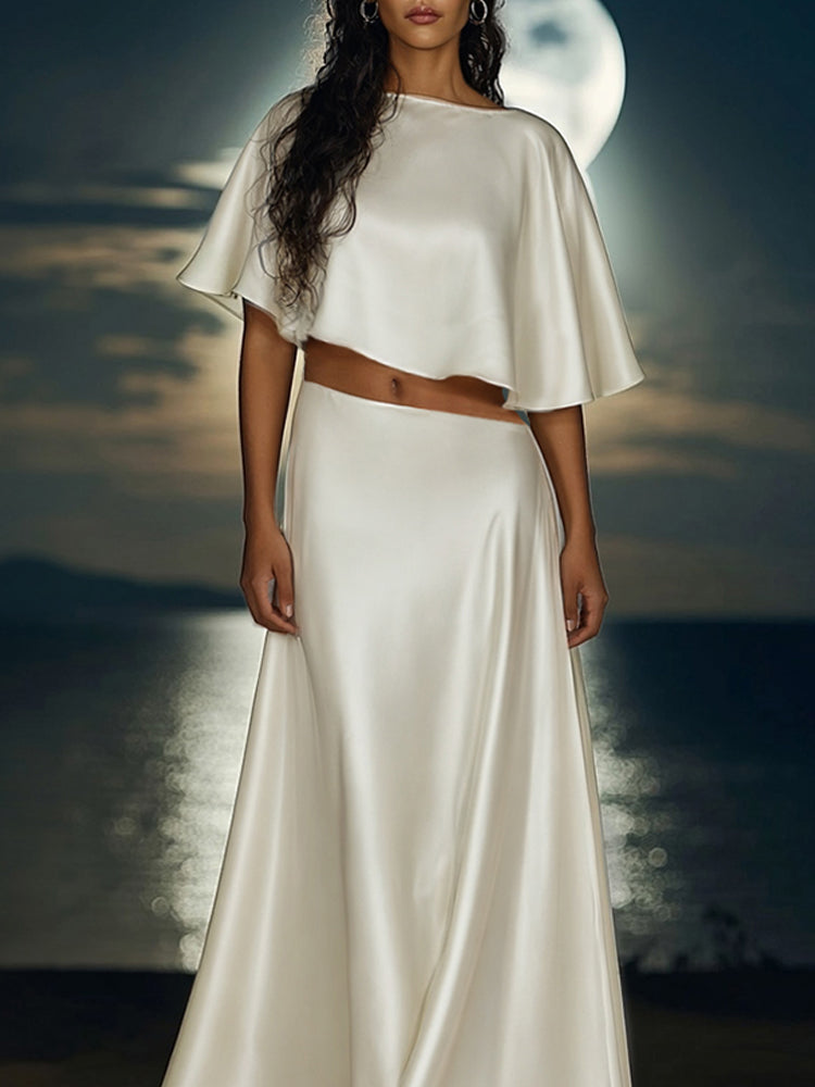 Quendrida | Elegancki damski komplet z satyny: crop top z ukośnym cięciem i spódnica maxi