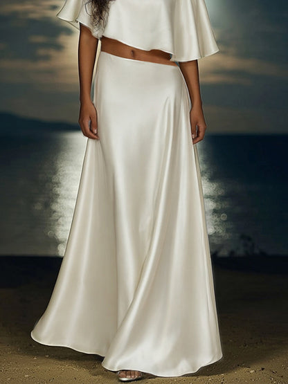 Quendrida | Elegancki damski komplet z satyny: crop top z ukośnym cięciem i spódnica maxi