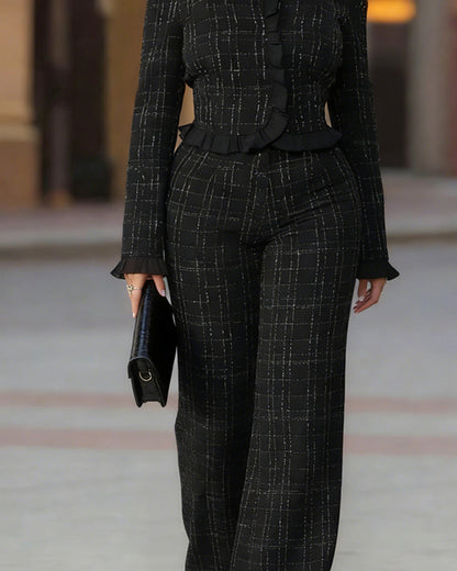 Sabrina | Stylowy damski komplet z tweedu: top z falbankami i spodnie, elegancki i kobiecy fason