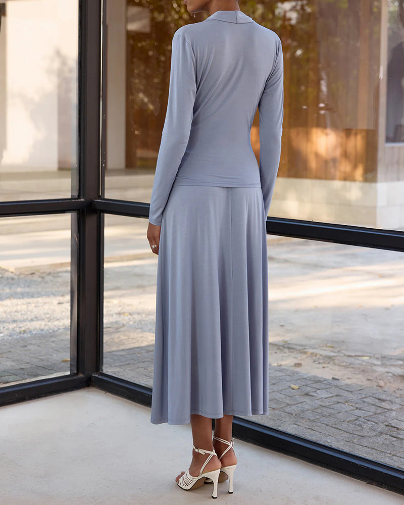 Kailey | Damski komplet w stylu effortless: drapowany top kopertowy i spódnica midi