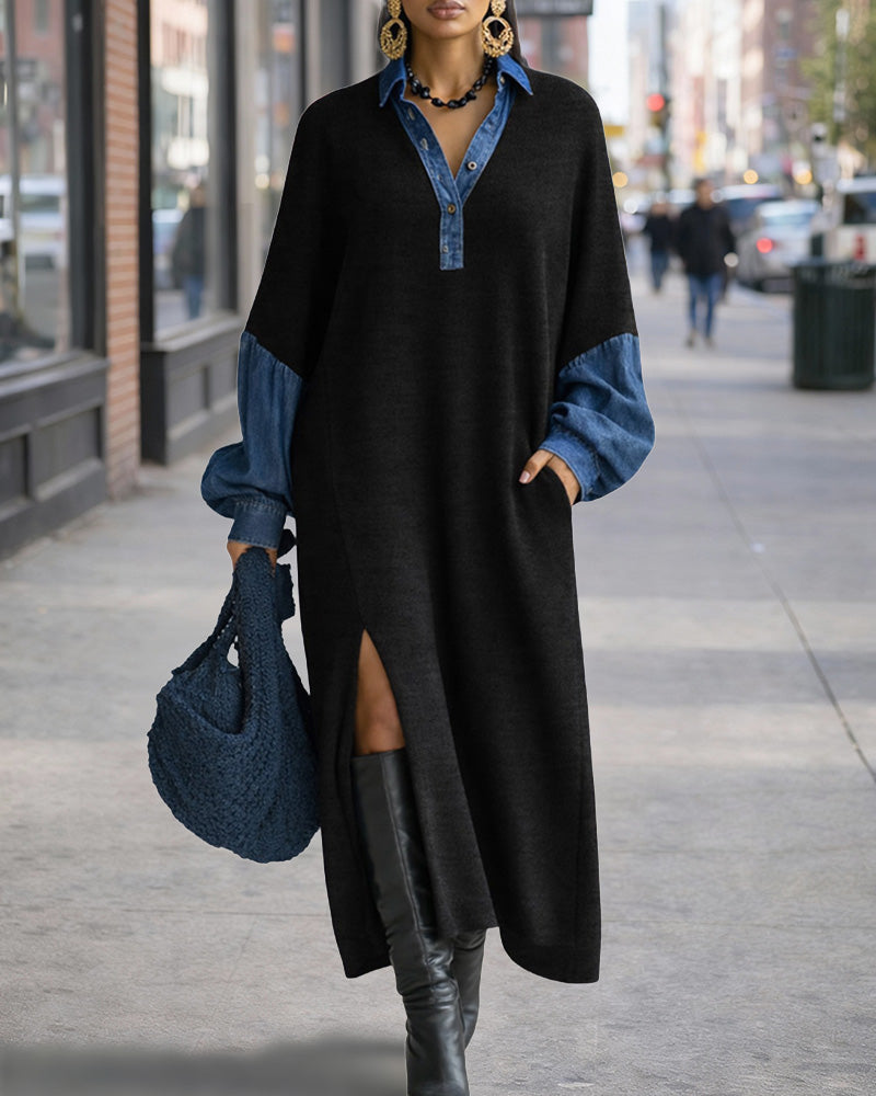 Fancy | Stylowa damska sukienka maxi z denimu w patchworku
