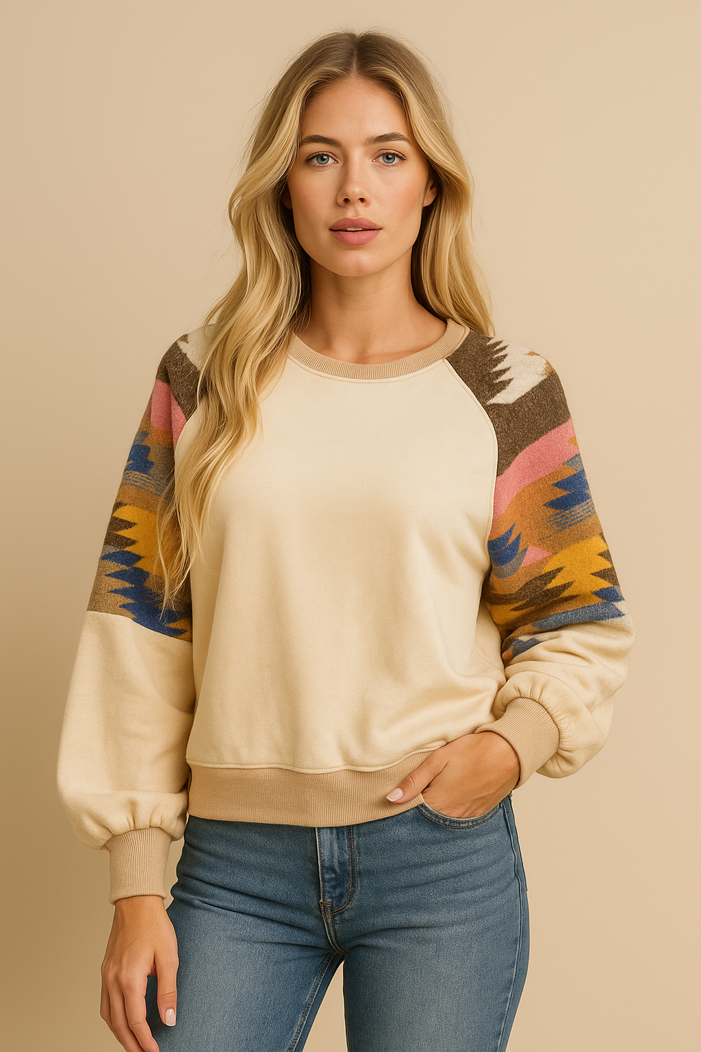 Glynis – kolorowy, modny sweter damski z rękawami w azteckie wzory