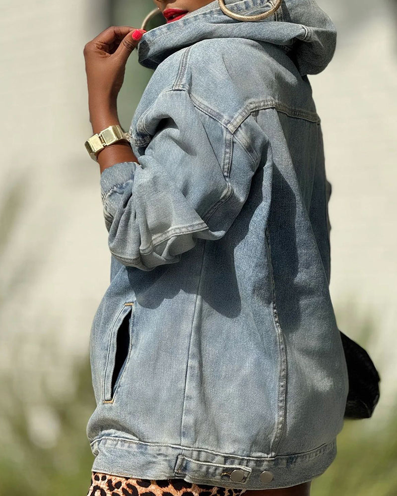 Georgene | Oversize’owa damska bluza z kapturem z postarzanym efektem denimu