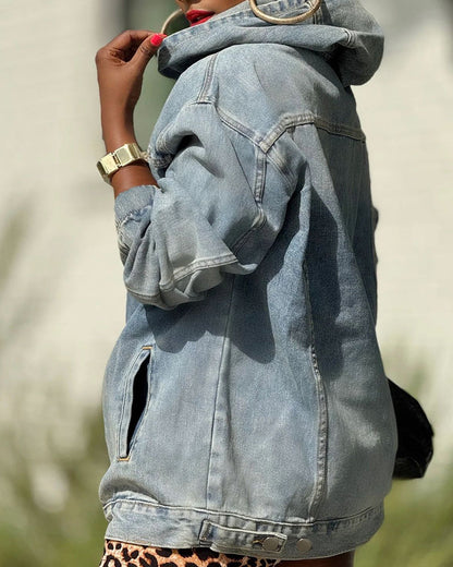 Georgene | Oversize’owa damska bluza z kapturem z postarzanym efektem denimu