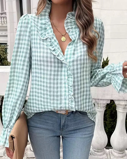 Emerald | Elegancka bluzka damska w kratę gingham z falbaną