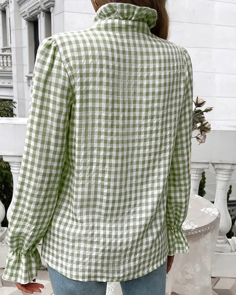 Emerald | Elegancka bluzka damska w kratę gingham z falbaną