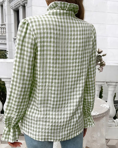 Emerald | Elegancka bluzka damska w kratę gingham z falbaną