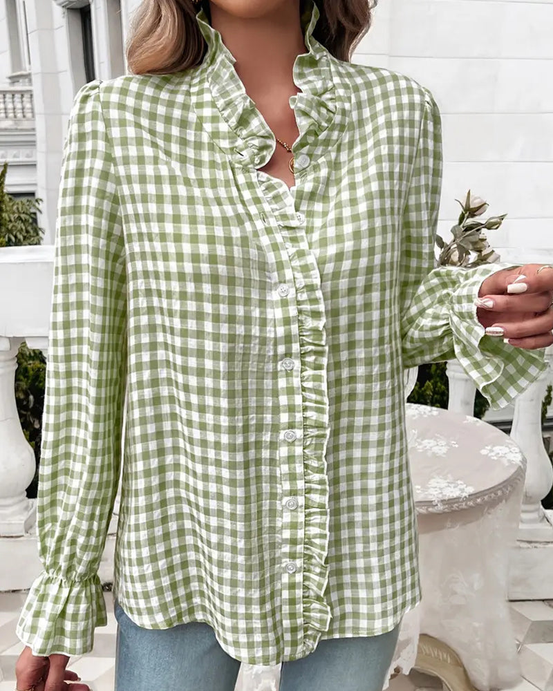 Emerald | Elegancka bluzka damska w kratę gingham z falbaną