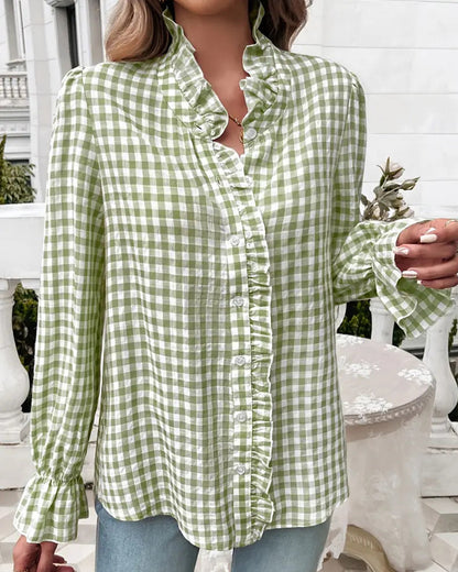 Emerald | Elegancka bluzka damska w kratę gingham z falbaną