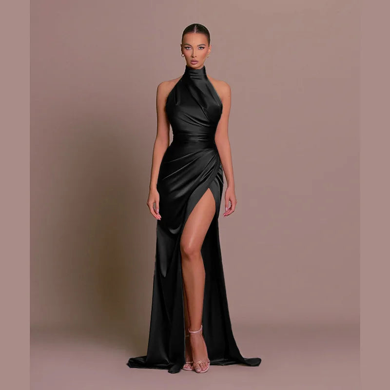 Isolde - Elegancka satynowa suknia wieczorowa z wysokim rozcięciem
