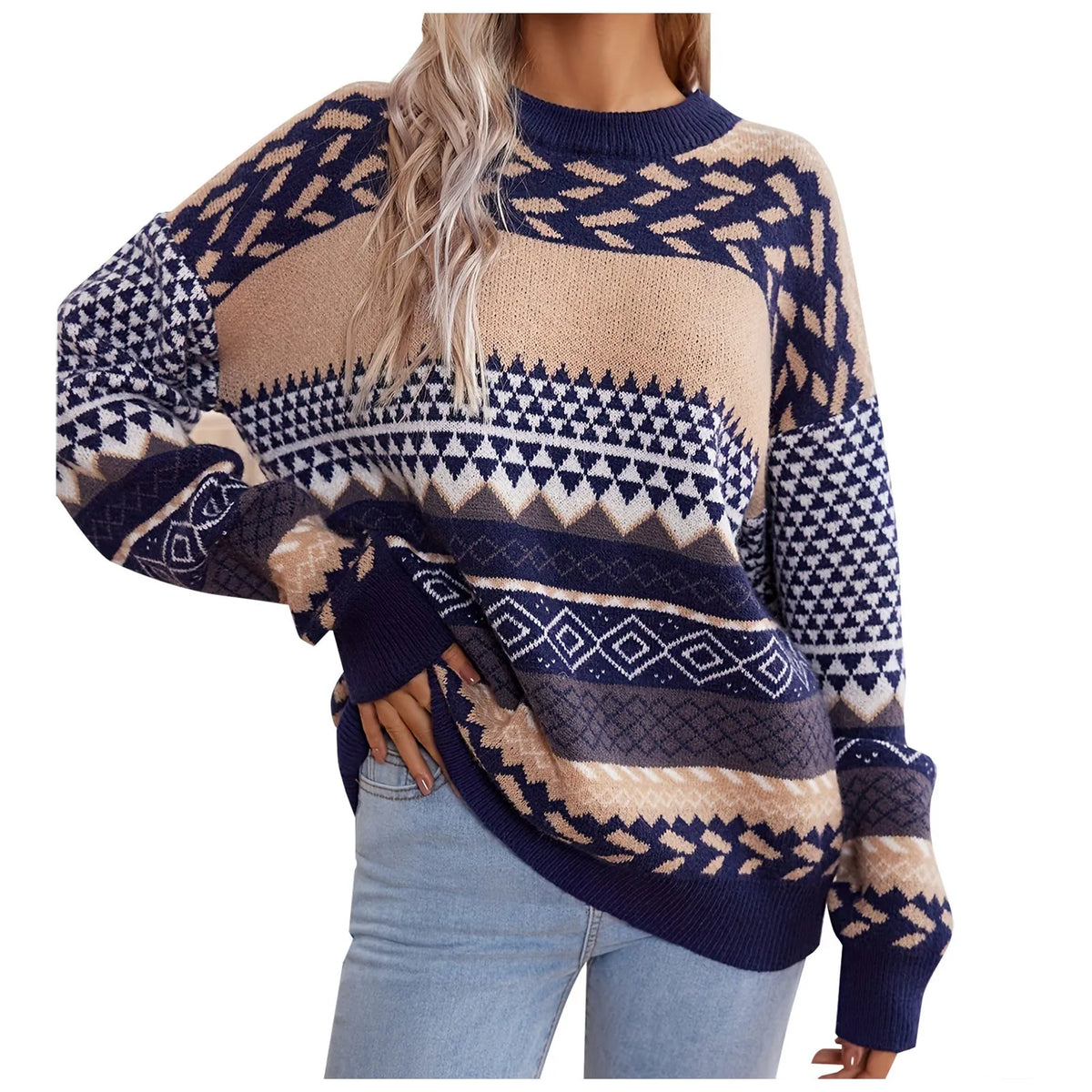 Kathleen – damski sweter z dzianiny z geometrycznym wzorem