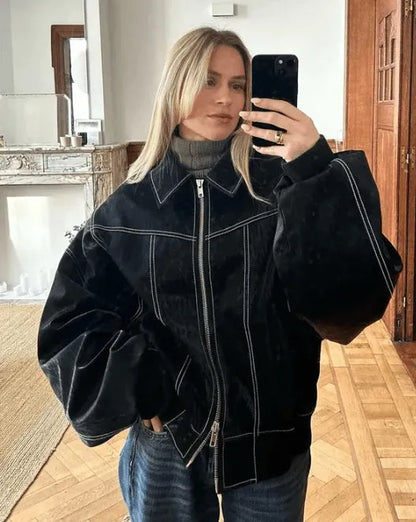 Roksana | Oversize’owa skórzana kurtka w stylu casual w uniwersalnej czerni