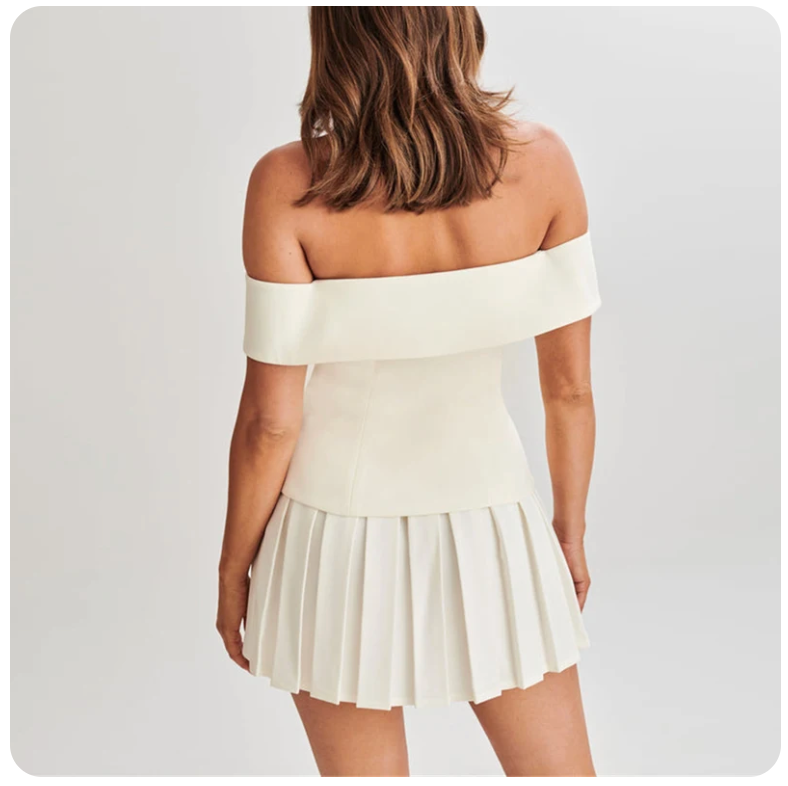 Charlene | Damska sukienka-blazer off-shoulder z plisowaną spódnicą, elegancki i stylowy fason