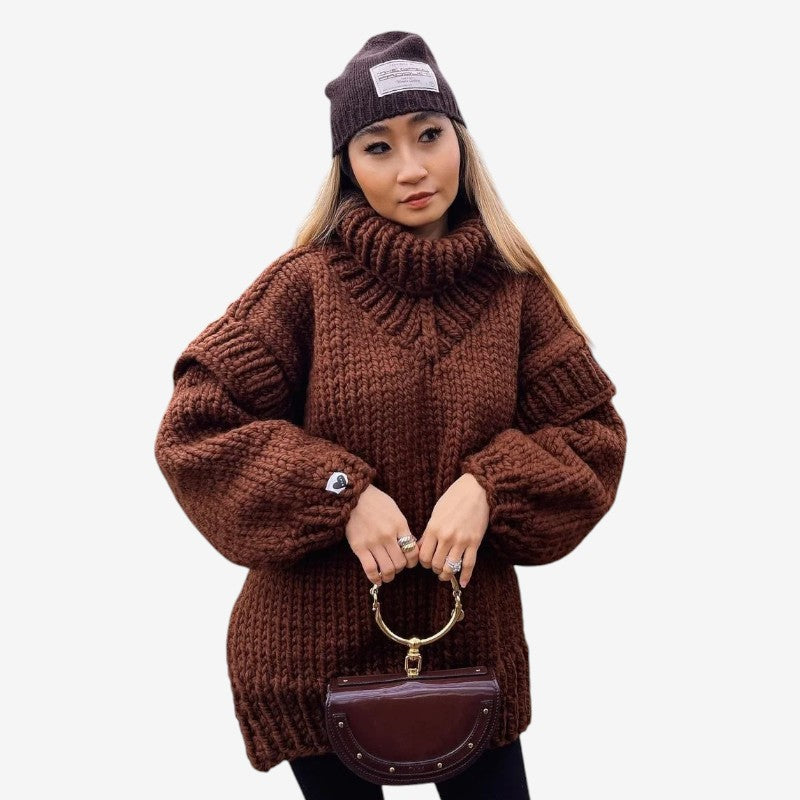 Tamara - Oversized sweter z długim rękawem, golfem i prążkowanymi detalami