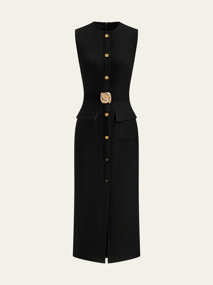 Karlie | Sukienka midi bez rękawów z guzikami, elegancka nowoczesna