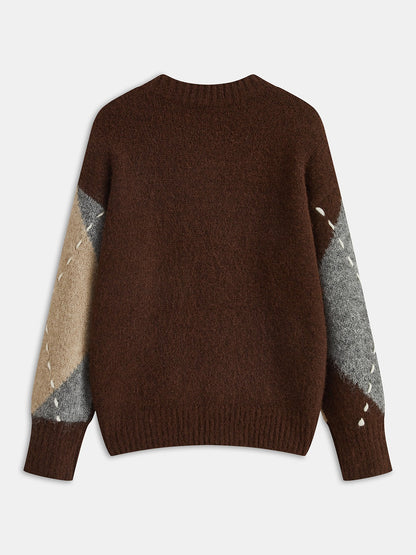 Patience | Sweter damski z dekoltem w serek w romby, dzianinowy stylowy