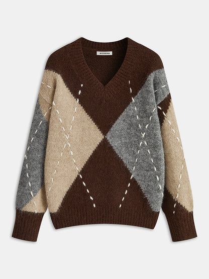 Patience | Sweter damski z dekoltem w serek w romby, dzianinowy stylowy