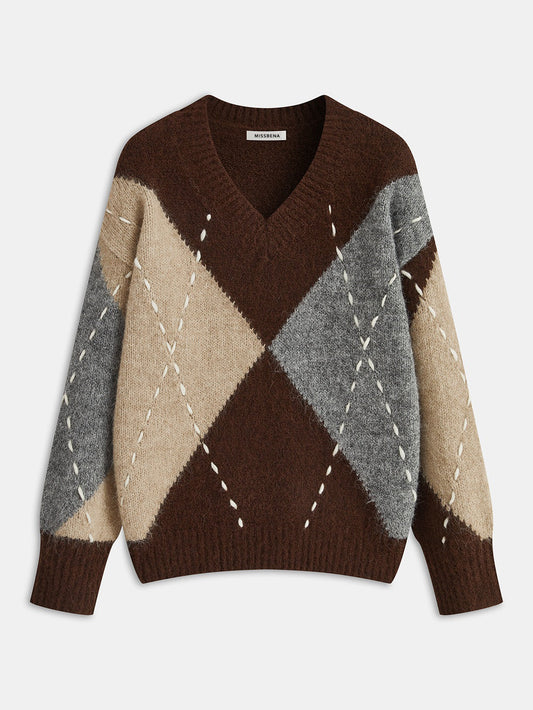 Patience | Sweter damski z dekoltem w serek w romby, dzianinowy stylowy