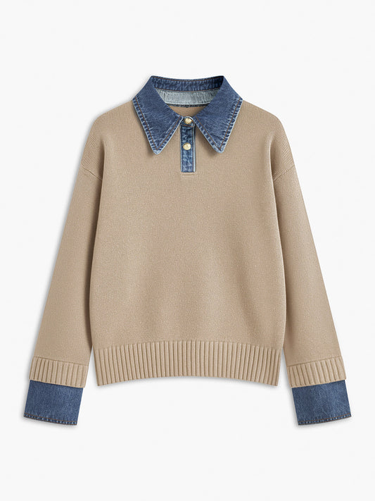 Darlene | Sweter damski z kołnierzykiem i jeansowymi mankietami, stylowy casualowy