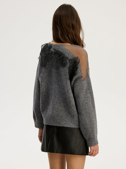 Reba | Sweter damski z koronkową aplikacją na ramionach, stylowy dzianinowy