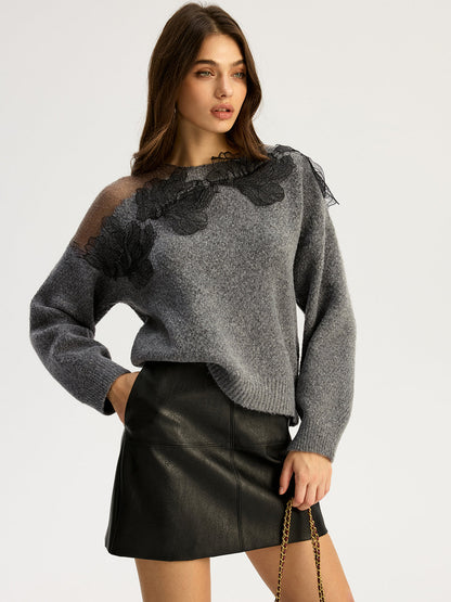 Reba | Sweter damski z koronkową aplikacją na ramionach, stylowy dzianinowy