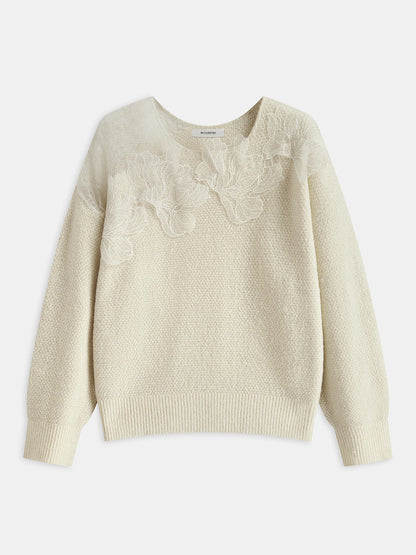 Reba | Sweter damski z koronkową aplikacją na ramionach, stylowy dzianinowy