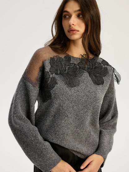 Reba | Sweter damski z koronkową aplikacją na ramionach, stylowy dzianinowy