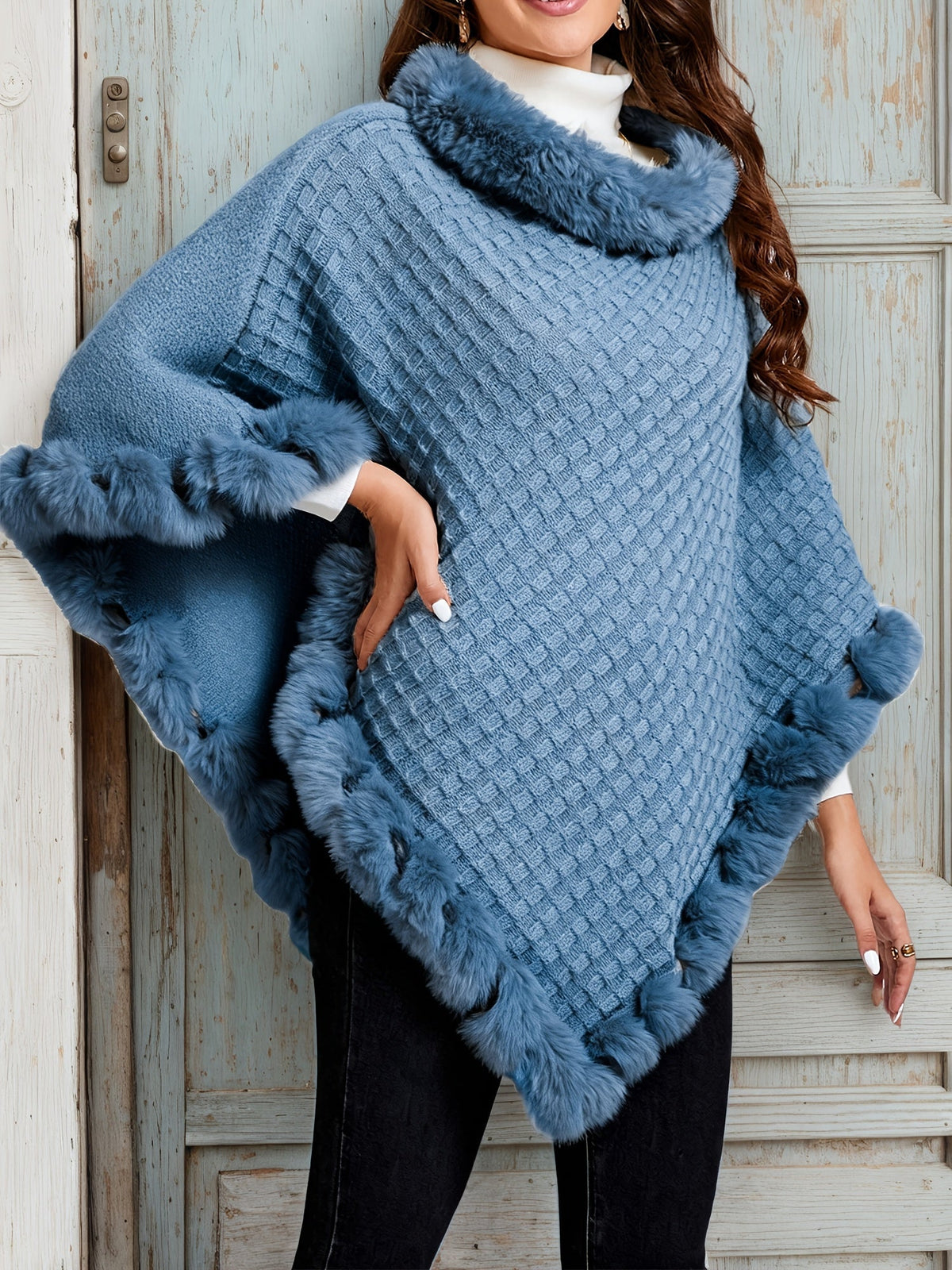 Tatiana | Poncho damskie | Dzianinowe z futrzanym wykończeniem, przytulne i eleganckie