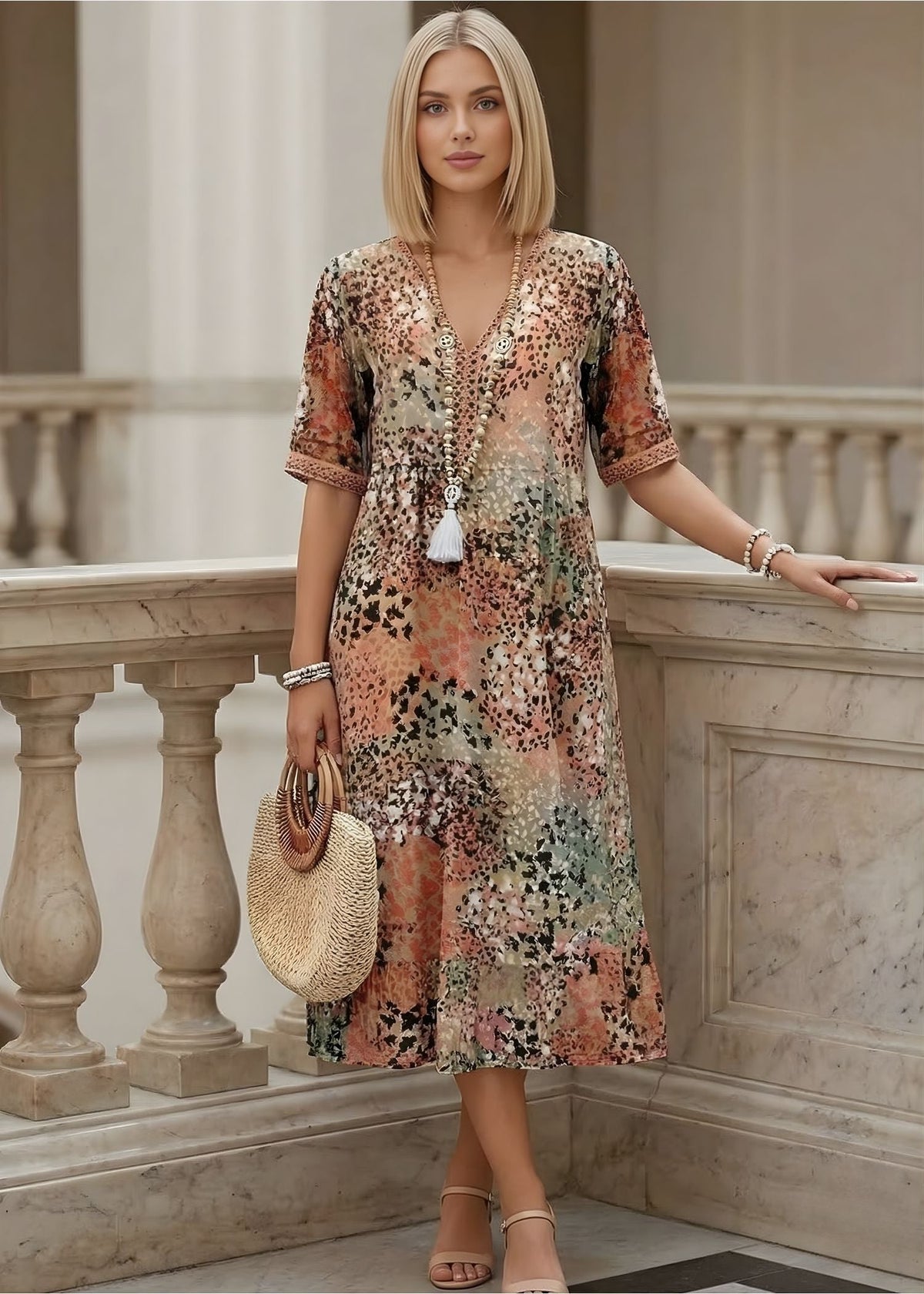 Meredith | Sukienka damska midi z dekoltem V w boho kwiatowy wzór