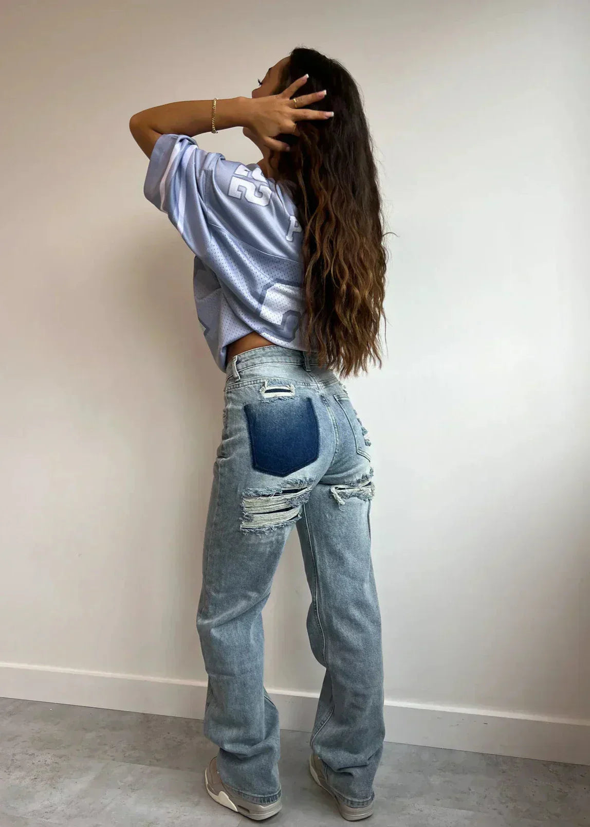 Lauren | jeansy damskie vintage z przetarciami i patchworkowym detalem