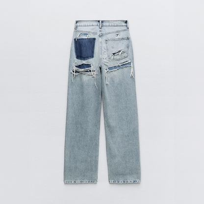 Lauren | jeansy damskie vintage z przetarciami i patchworkowym detalem