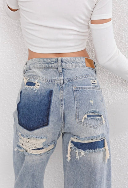 Lauren | jeansy damskie vintage z przetarciami i patchworkowym detalem