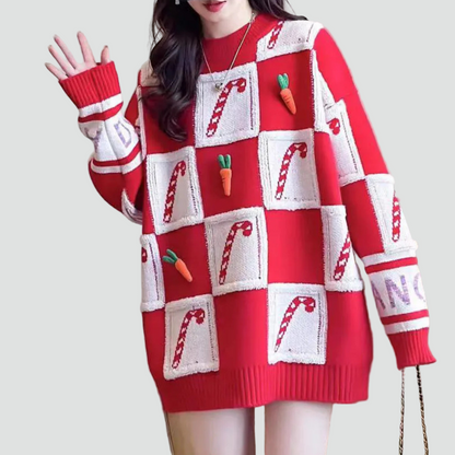 Ceri - Damski świąteczny sweter oversize z motywem lasek cukrowych