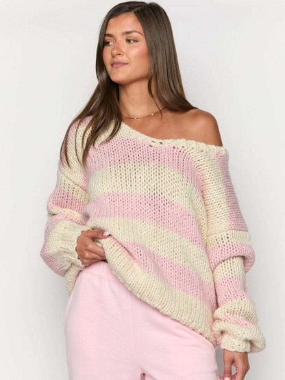 Megan | Damski gruby sweter dzianinowy w paski z odkrytymi ramionami